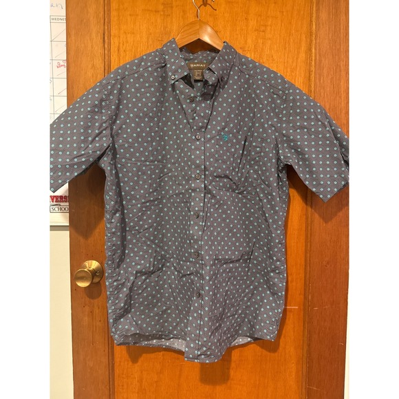 Ariat men's button down Johnnie short sleeve shirt blue cotton poplin western - Picture 2 of 11